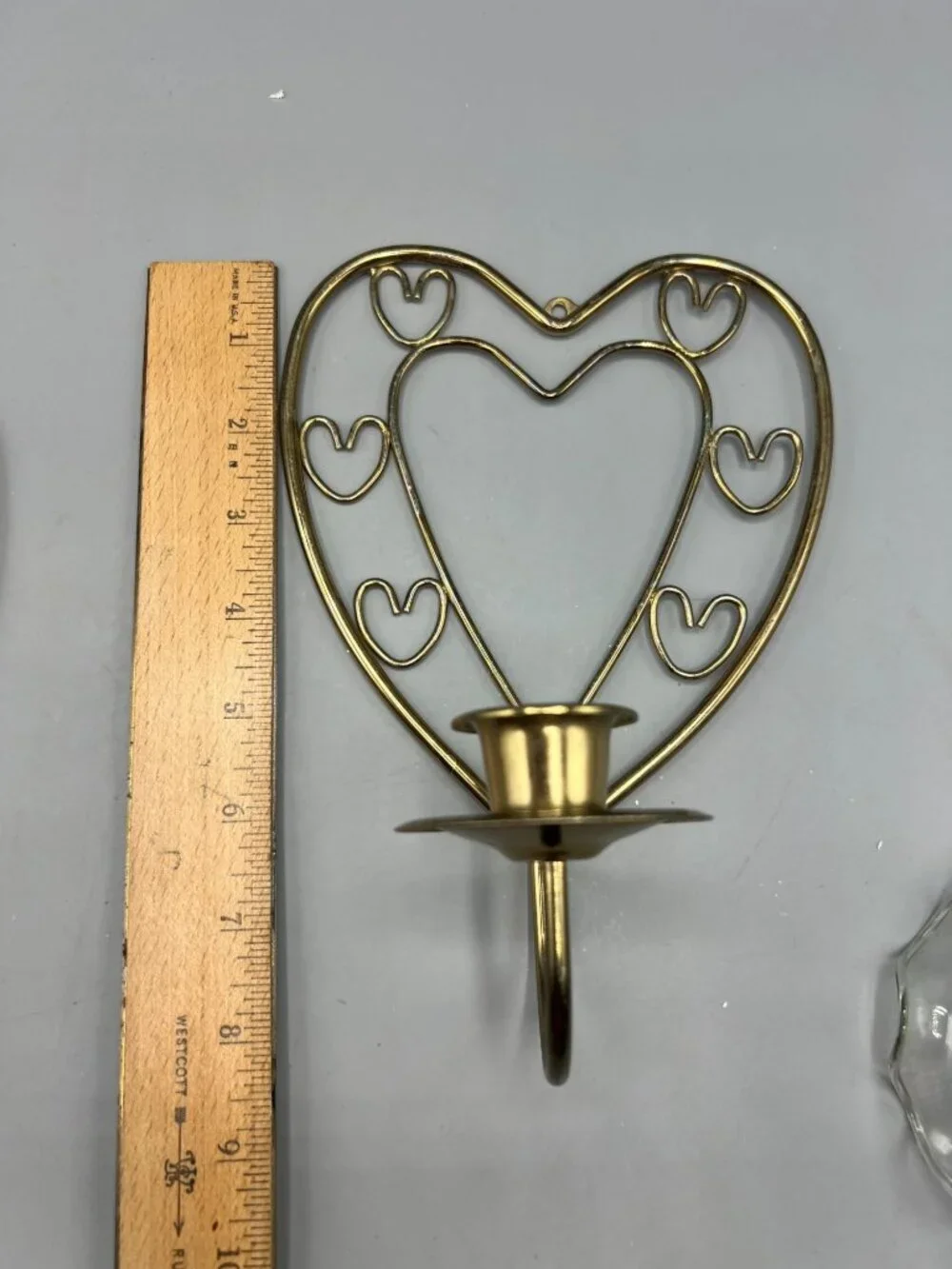 2 Homco Heart-Shaped Brass Wall Candle Holders Ruffled Votive Glass Shades Set